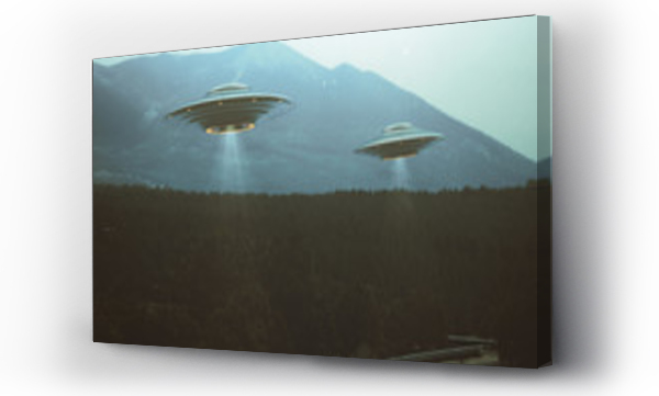 Niezidentyfikowany obiekt latający. Dwa UFO latające nad drogą wśród drzew. 3D ilustracja retro zdjęcie vintage. Szum i wady starego filmu fotograficznego.